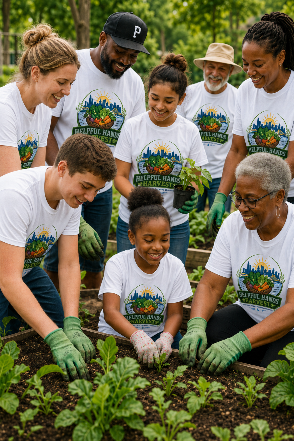 Community members, families, youth, and elders gardening together